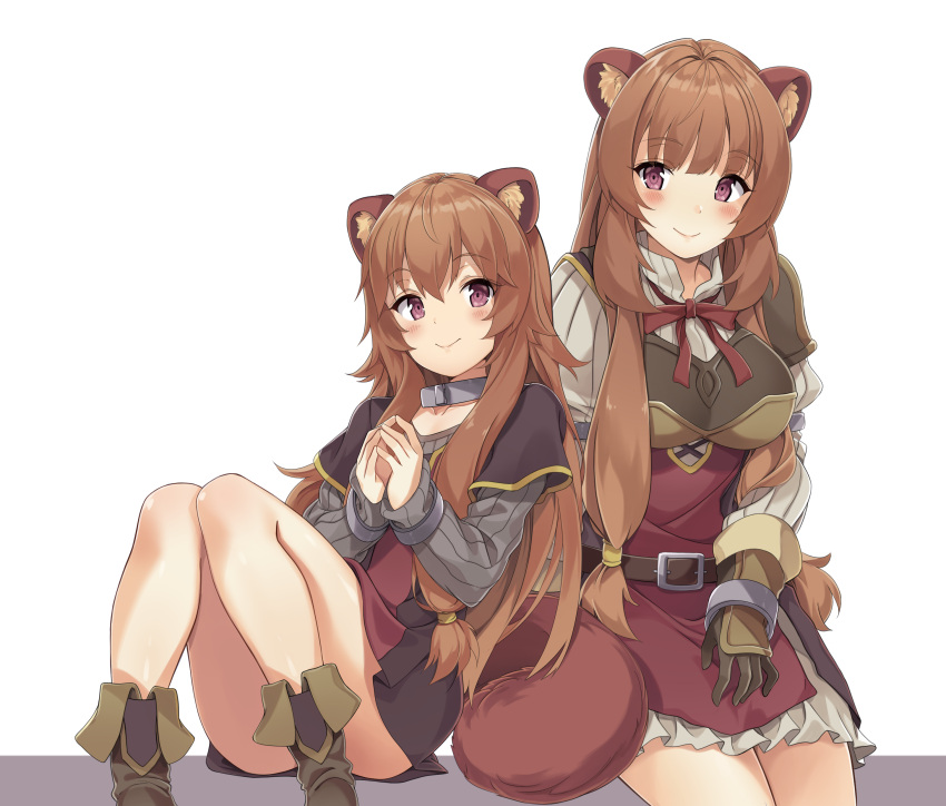 2girls absurdres animal_ears armor ass bangs belt blush boots breasts brown_footwear brown_gloves brown_hair closed_mouth collar commentary convenient_leg cuffs dual_persona frilled_skirt frills gloves grey_shirt handcuffs hands_up highres knees_together_feet_apart knees_up large_breasts leaning_on_person long_hair long_sleeves looking_at_viewer miniskirt multiple_girls neck_ribbon no_socks own_hands_together raccoon_ears raccoon_girl raccoon_tail raphtalia red_neckwear ribbed_shirt ribbon ryan_edian shirt sidelocks simple_background sitting skirt sleeves_past_wrists smile tail tate_no_yuusha_no_nariagari thighs violet_eyes white_background white_shirt white_skirt