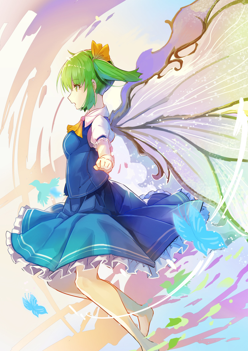 1girl ascot bangs barefoot bird blue_skirt blue_vest breasts bug butterfly commentary daiyousei eyebrows_visible_through_hair fairy_wings feet_out_of_frame from_side green_eyes green_hair hair_ribbon highres insect medium_breasts open_mouth petticoat profile puffy_short_sleeves puffy_sleeves ribbon rin_falcon shirt short_hair short_sleeves side_ponytail skirt skirt_set solo touhou vest white_shirt wings yellow_neckwear yellow_ribbon