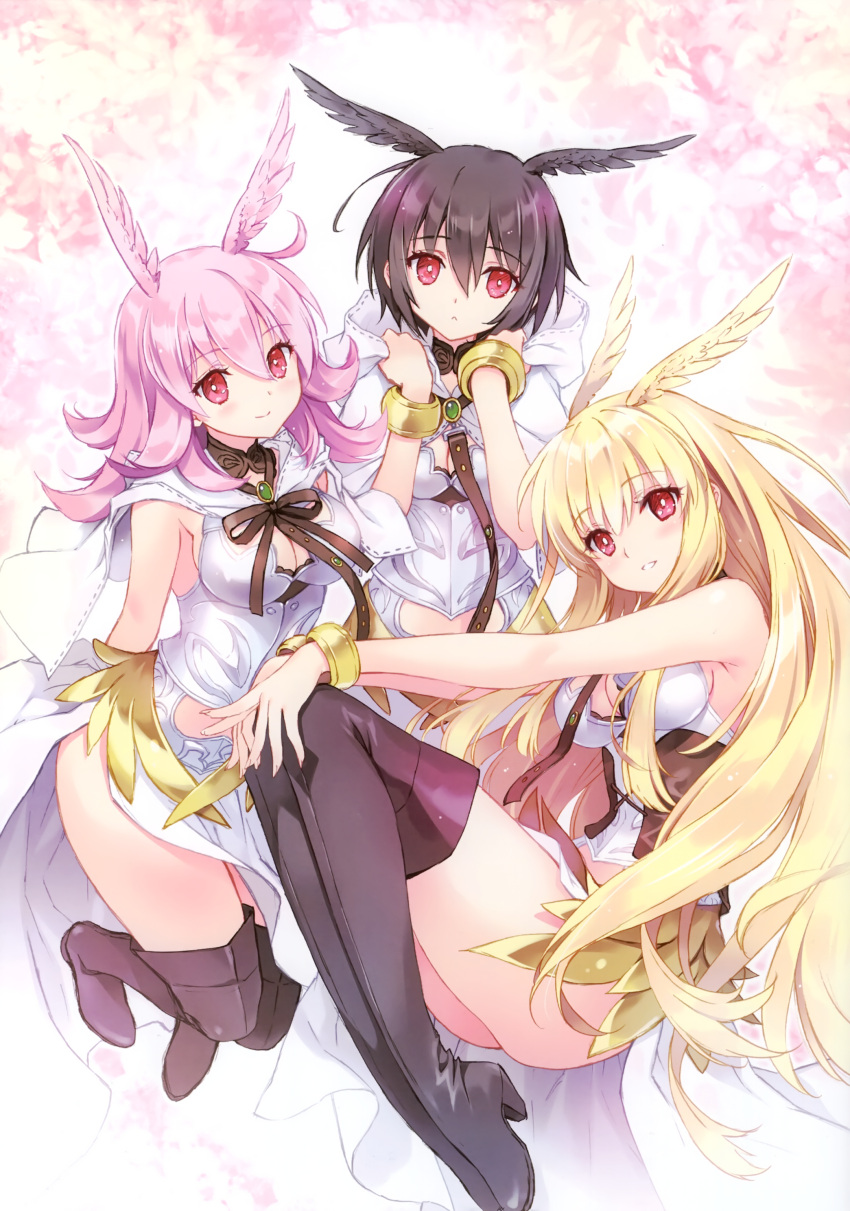 3girls absurdres black_footwear black_hair black_legwear black_wings blush boots bracelet breastplate breasts brown_wings capelet carnelian closed_mouth fate/grand_order fate_(series) glowing hair_between_eyes hand_holding head_wings highres hildr_(fate/grand_order) hood hood_down hooded_capelet jewelry light_brown_hair looking_at_viewer medium_breasts multiple_girls open_mouth ortlinde_(fate/grand_order) parted_lips pelvic_curtain pink_hair pink_wings red_eyes smile thigh-highs thigh_boots thrud_(fate/grand_order) valkyrie_(fate/grand_order) white_capelet wings