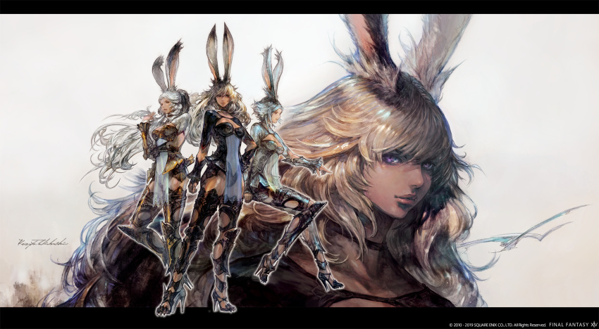 4girls animal_ear_fluff animal_ears armor breasts choker cleavage dark_skin ears_through_headwear final_fantasy final_fantasy_xiv helmet high_heels highres letterboxed lips long_hair looking_at_viewer medium_breasts multiple_girls official_art rabbit_ears revealing_clothes see-through short_hair silver_hair thigh-highs viera violet_eyes watermark white_background zoom_layer