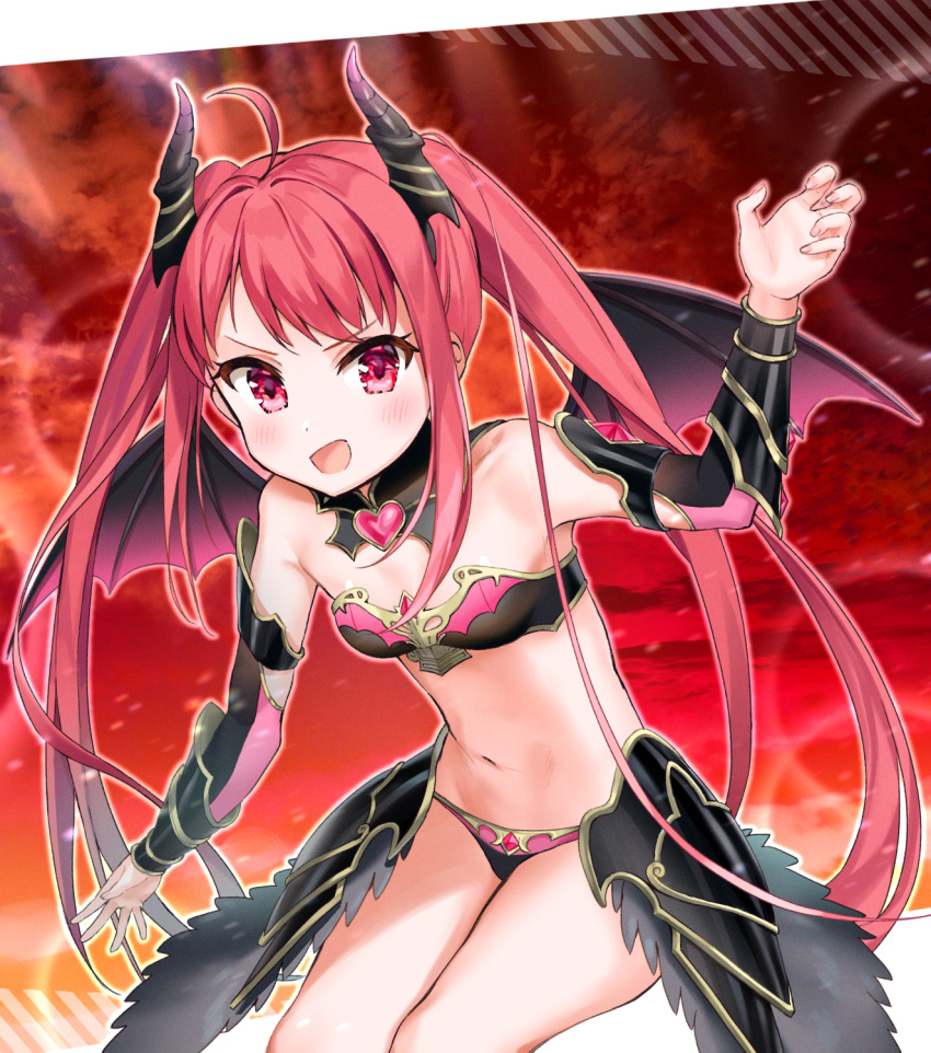 1girl :d ahoge armor armpits bangs bare_shoulders battle_girl_high_school bikini_armor blush breasts commentary_request cowboy_shot demon_girl demon_horns demon_wings detached_collar faulds gauntlets hand_up hasumi_urara heart highres horns kiyosato0928 leaning_forward long_hair looking_at_viewer navel open_mouth red_eyes redhead sidelocks small_breasts smile solo standing stomach succubus thighs twintails v-shaped_eyebrows very_long_hair wings