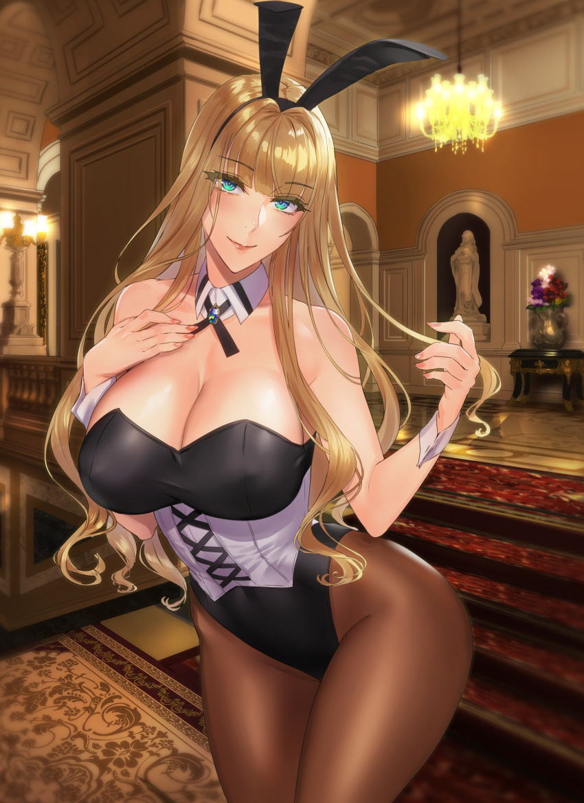 1girl animal_ears bangs bare_shoulders black_leotard blonde_hair blue_eyes blunt_bangs blush bow bowtie breasts brooch cleavage closed_mouth collarbone corset daglasses detached_collar eyebrows_visible_through_hair eyelashes hand_on_own_chest highleg highleg_leotard highres jewelry large_breasts leotard long_hair looking_at_viewer original pantyhose rabbit_ears smile solo thighs underbust wrist_cuffs