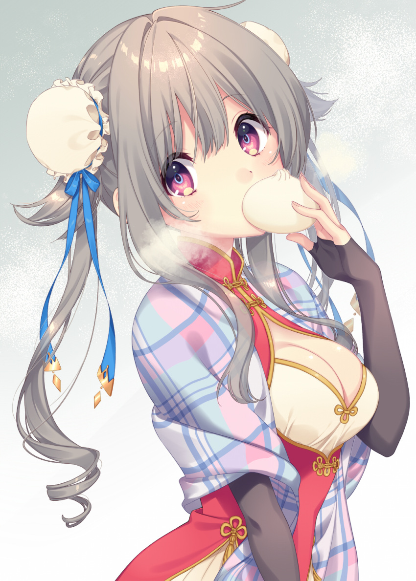 1girl black_gloves breasts china_dress chinese_clothes cleavage cleavage_cutout double_bun dress eyebrows_visible_through_hair food food_in_mouth gloves grey_hair highres long_hair looking_at_viewer medium_breasts original solo toko_yoshi violet_eyes