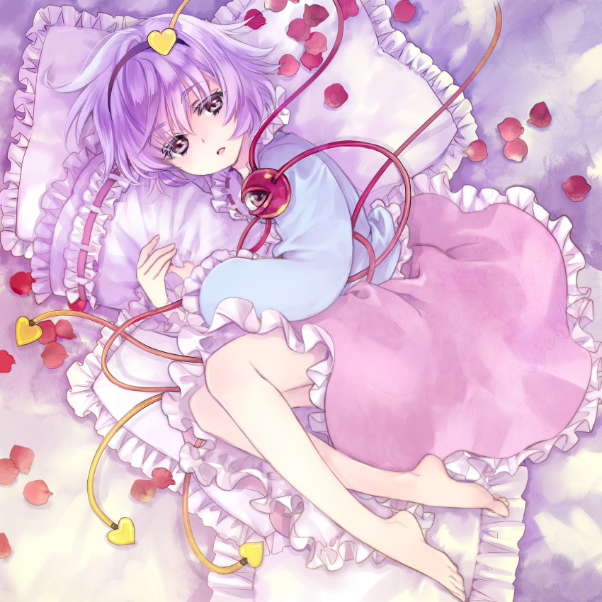 1girl barefoot bed blouse blue_blouse expressionless eyeball fetal_position frilled_pillow frilled_skirt frilled_sleeves frills from_above from_side full_body hair_ornament hairband heart heart_hair_ornament highres indoors komeiji_satori kuramoto_kaya long_sleeves looking_at_viewer lying on_side open_mouth petals pillow pillow_hug pink_skirt purple_hair ribbon_trim rose_petals short_hair skirt solo third_eye touhou violet_eyes