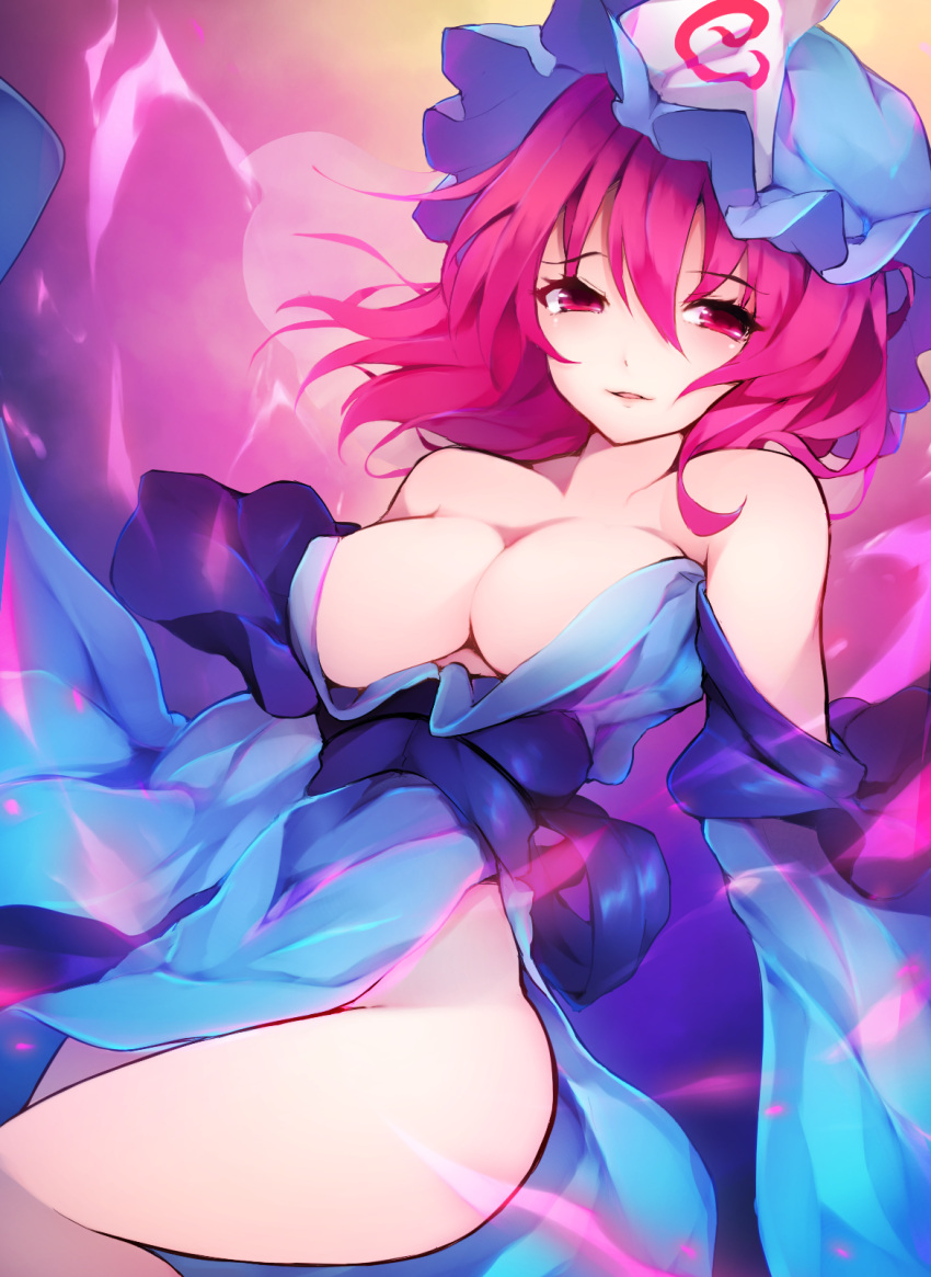 1girl bangs bare_shoulders blue_hat blue_kimono blue_sash breasts chiroru_(cheese-roll) commentary_request eyebrows_visible_through_hair feet_out_of_frame hair_between_eyes hat highres japanese_clothes kimono long_sleeves medium_breasts mob_cap no_panties off_shoulder parted_lips pink_hair saigyouji_yuyuko short_hair solo thighs touhou triangular_headpiece veil wide_sleeves