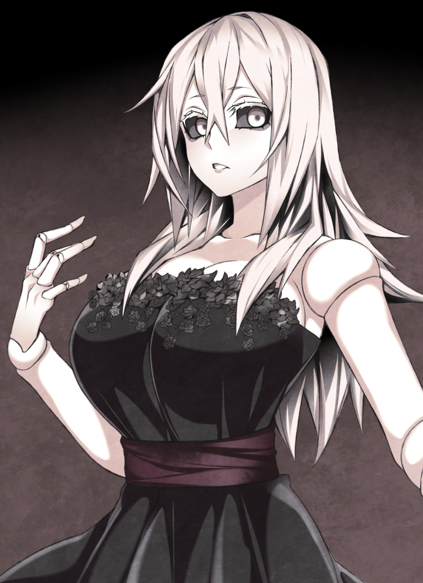 1girl absurdres black_dress black_sclera breasts camui_kamui commentary_request doll_joints dress eyebrows_visible_through_hair hair_between_eyes highres large_breasts long_hair looking_at_viewer original parted_lips sash simple_background solo strapless strapless_dress white_eyes white_hair white_skin