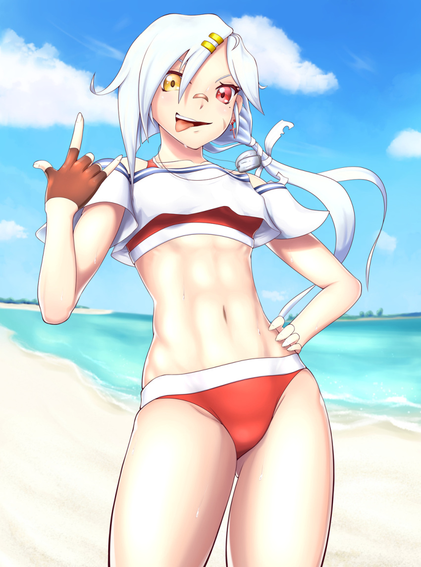 1girl abs azur_lane bandaid bandaid_on_nose beach blue_sky clouds commentary_request cross cross_earrings dog_tags downes_(azur_lane) earrings fingerless_gloves gloves gunmarx heterochromia highres jewelry long_hair looking_at_viewer low_ponytail midriff mole mole_under_eye navel ocean single_earring sky smile solo sweat swimsuit thighs toned tongue tongue_out white_hair