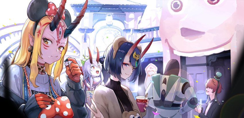 +15 2boys 3girls amusement_park bangs blonde_hair blush bob_cut breasts buzz_lightyear casual character_request coat confetti cup day earrings eating emerald_(gemstone) eyeshadow facial_mark fate/grand_order fate_(series) hair_between_eyes hair_ornament hair_ribbon highres holding holding_cup horns ibaraki_douji_(fate/grand_order) jacket jewelry long_hair looking_at_viewer makeup minnie_mouse_ears multiple_boys multiple_girls oni oni_horns open_clothes open_mouth outdoors pointy_ears ponytail purple_hair red_eyes ribbon scarf sheriff_woody short_hair shuten_douji_(fate/grand_order) sidelocks small_breasts smile sweater tattoo tomoe_gozen_(fate/grand_order) toy_story turtleneck turtleneck_sweater v violet_eyes yellow_eyes