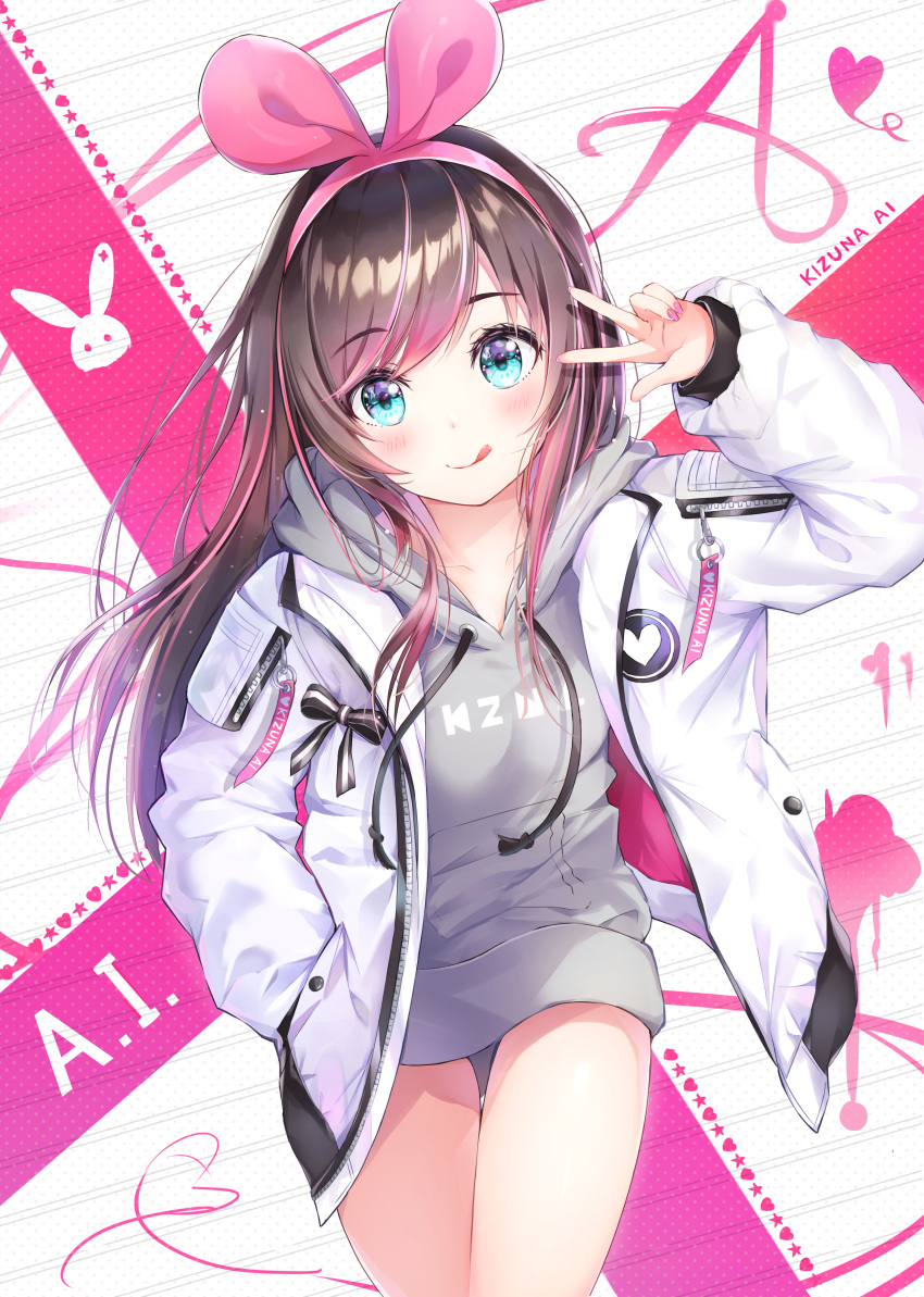 1girl :q a.i._channel absurdres black_ribbon blue_eyes blush brown_hair character_name closed_mouth clothes_writing collarbone commentary cowboy_shot dana_(hapong07) drawstring hairband hand_in_pocket hand_up head_tilt heart highres hood hoodie hoodie_dress jacket kizuna_ai long_hair long_sleeves looking_at_viewer multicolored_hair open_clothes open_jacket pink_hair pink_hairband ribbon smile solo standing thigh_gap thighs tongue tongue_out two-tone_hair v virtual_youtuber white_jacket zipper