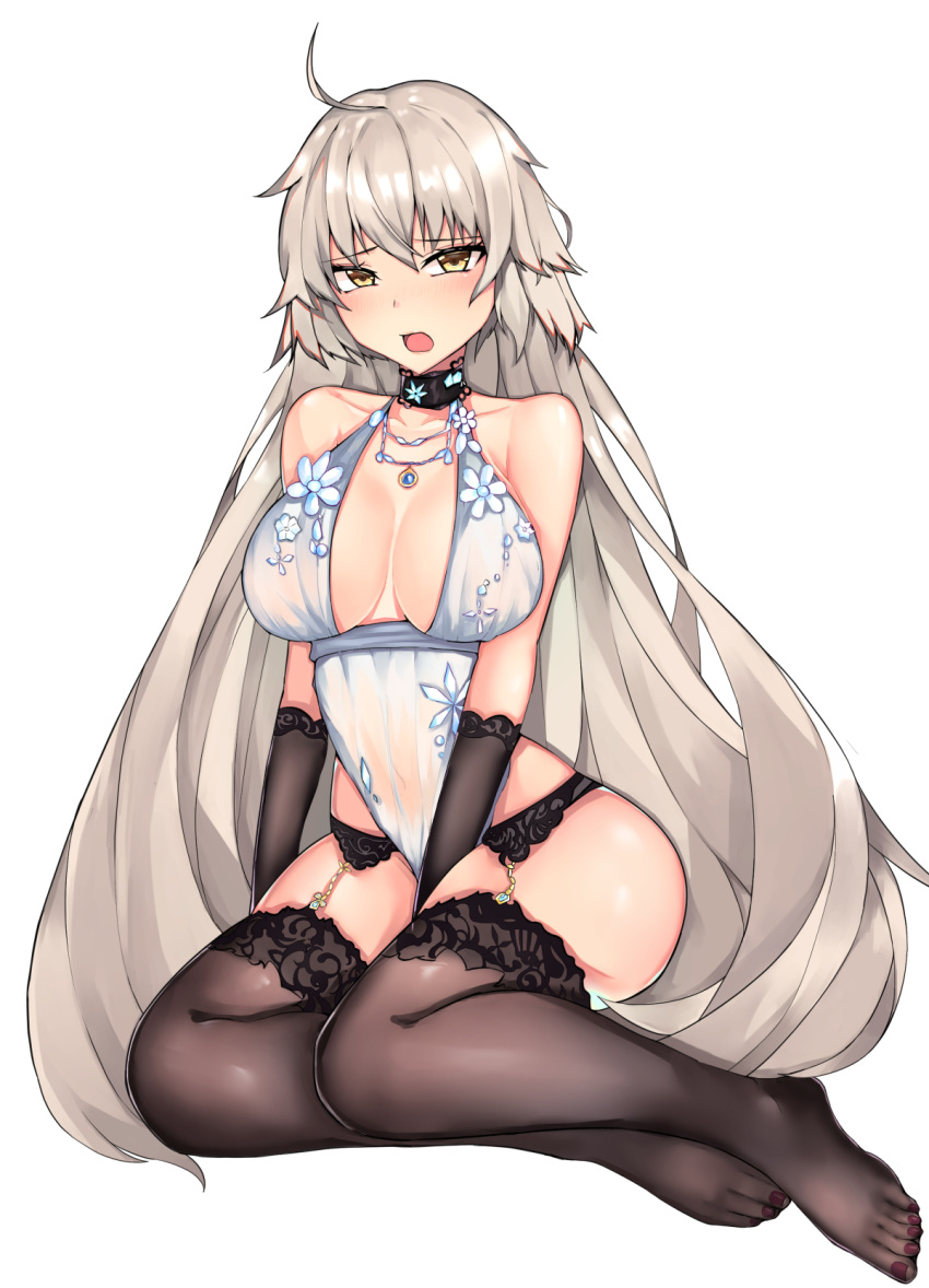 1girl ahoge bare_shoulders black_legwear blush eyebrows_visible_through_hair fate/grand_order fate_(series) hair_between_eyes halterneck highres jeanne_d'arc_(alter)_(fate) jeanne_d'arc_(fate)_(all) jewelry long_hair looking_at_viewer mutsu_ane_daisuki necklace open_mouth royal_icing simple_background solo white_background