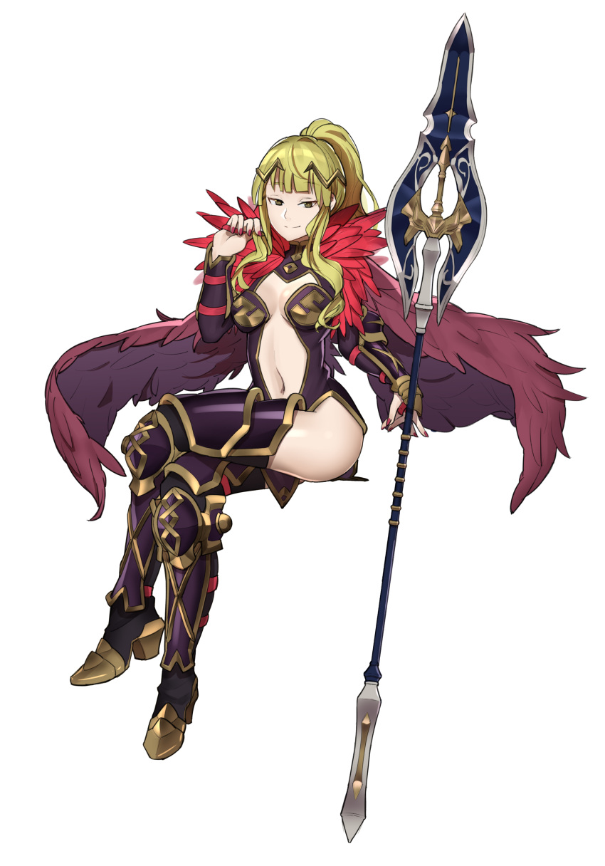 1girl absurdres alternate_costume armor armored_boots armored_dress blonde_hair boots breasts cape circlet clair_(fire_emblem) cleavage ebinku feathers fire_emblem fire_emblem_echoes:_mou_hitori_no_eiyuuou full_body high_heel_boots high_heels highres invisible_chair legs_crossed long_hair looking_at_viewer medium_breasts nail_polish navel navel_cutout nintendo polearm ponytail purple_legwear red_nails simple_background sitting smile solo spear thigh-highs thigh_boots thighs weapon white_background yellow_eyes