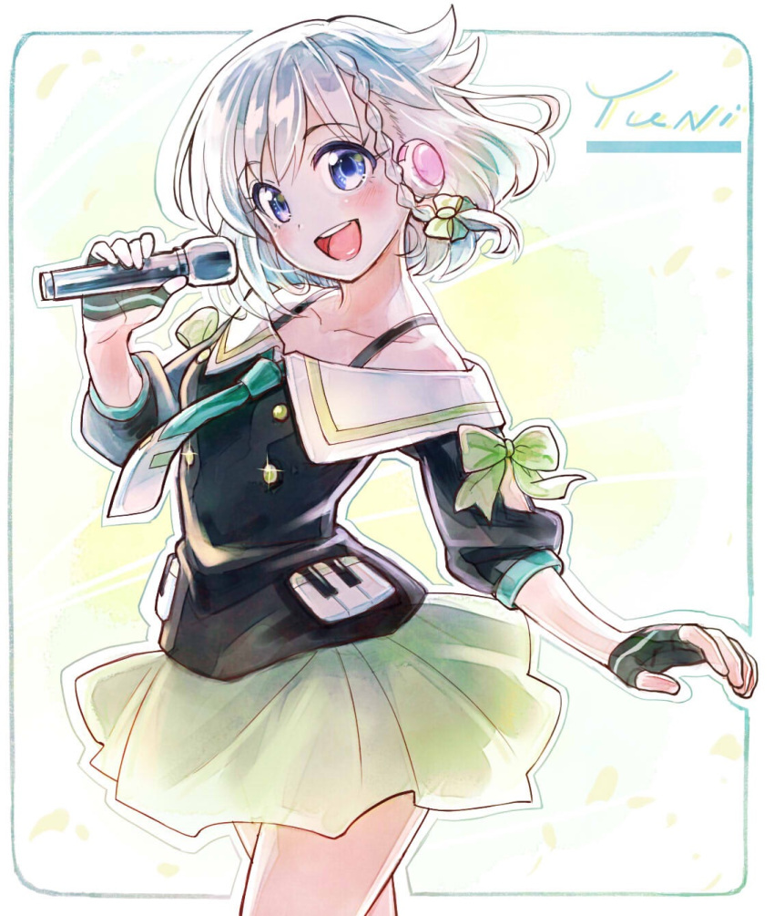 1girl blowing_leaves bow braid character_name commentary_request eyebrows_visible_through_hair fingerless_gloves gloves hair_bow headphones highres holding holding_microphone looking_at_viewer microphone necktie open_mouth piano_print sakino_shingetsu short_hair silver_hair single_braid skirt smile solo violet_eyes virtual_youtuber yuni_(yuni_channel) yuni_channel