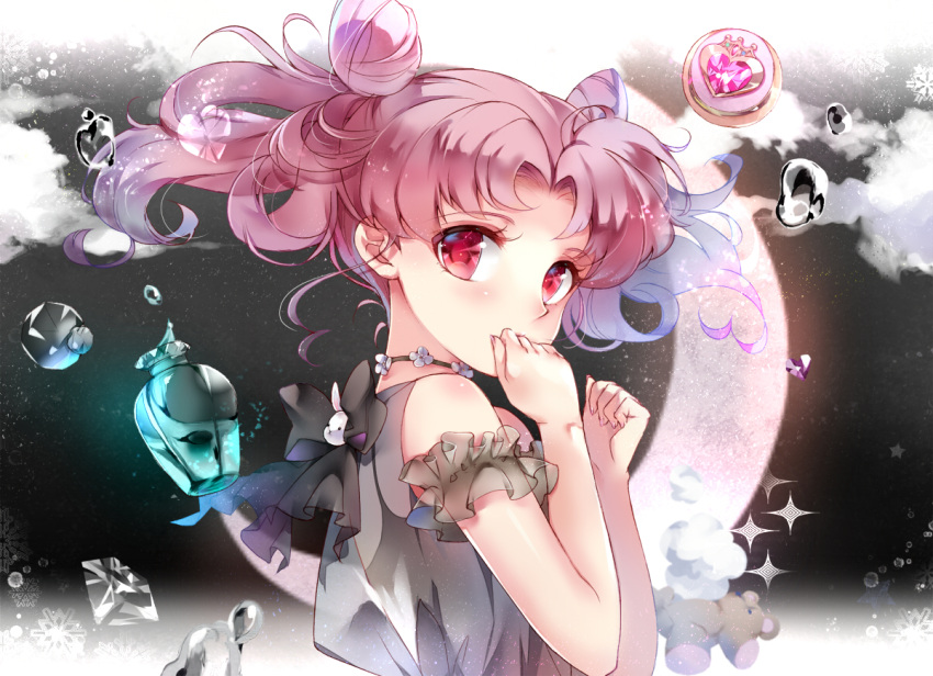 1girl bangs bare_arms bare_shoulders bishoujo_senshi_sailor_moon black_bow blush bow brown_dress chibi_usa clouds cloudy_sky commentary_request covered_mouth crescent_moon double_bun dress eyebrows_visible_through_hair fingernails gem hands_up looking_at_viewer looking_to_the_side moon night night_sky red_eyes redhead see-through sky sleeveless sleeveless_dress solo star_(sky) starry_sky tukino_(panna) twintails upper_body