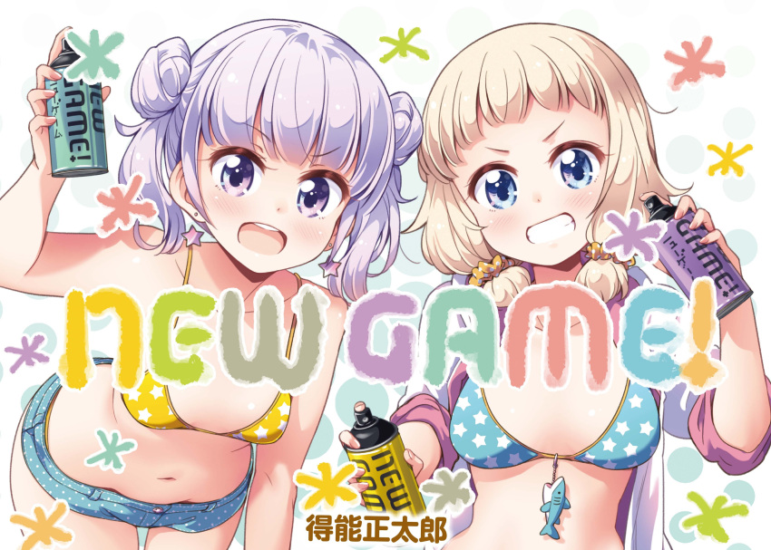2girls absurdres bent_over bikini blonde_hair blue_eyes blush breasts cover cover_page cowboy_shot double_bun dual_wielding earrings eyebrows_visible_through_hair grin hair_ornament hair_scrunchie highres holding jacket jewelry lavender_hair looking_at_viewer medium_breasts multiple_girls navel new_game! open_clothes open_jacket polka_dot print_bikini sakura_nene scrunchie short_hair short_shorts shorts sleeves_rolled_up small_breasts smile spray_can suzukaze_aoba swimsuit tokunou_shoutarou upper_teeth violet_eyes