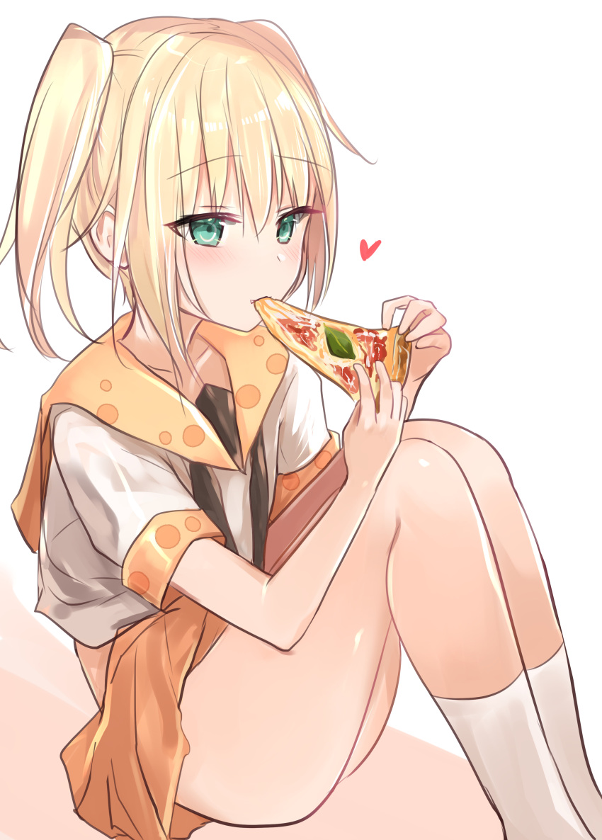 1girl absurdres ass bangs blonde_hair blush brown_skirt collarbone commentary_request eyebrows_visible_through_hair food green_eyes hair_between_eyes heart highres holding holding_food knees_up natsu_(sinker8c) orange_sailor_collar original pizza pleated_skirt sailor_collar school_uniform serafuku shirt short_sleeves sidelocks skirt slice_of_pizza socks solo twintails white_background white_legwear white_shirt