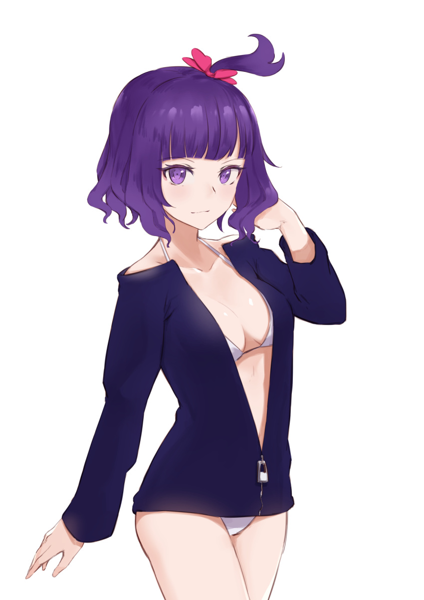 1girl alternate_costume arm_at_side arm_up bangs bare_shoulders bikini bikini_under_clothes blue_jacket blunt_bangs blush breasts cleavage closed_mouth collarbone commentary_request eyebrows_visible_through_hair fate/grand_order fate_(series) hair_ribbon hand_in_hair highres jacket jilu katsushika_hokusai_(fate/grand_order) long_sleeves looking_at_viewer medium_breasts one_side_up open_clothes open_jacket partially_unzipped pink_ribbon purple_hair ribbon short_hair simple_background smile solo swimsuit violet_eyes white_background zipper_pull_tab