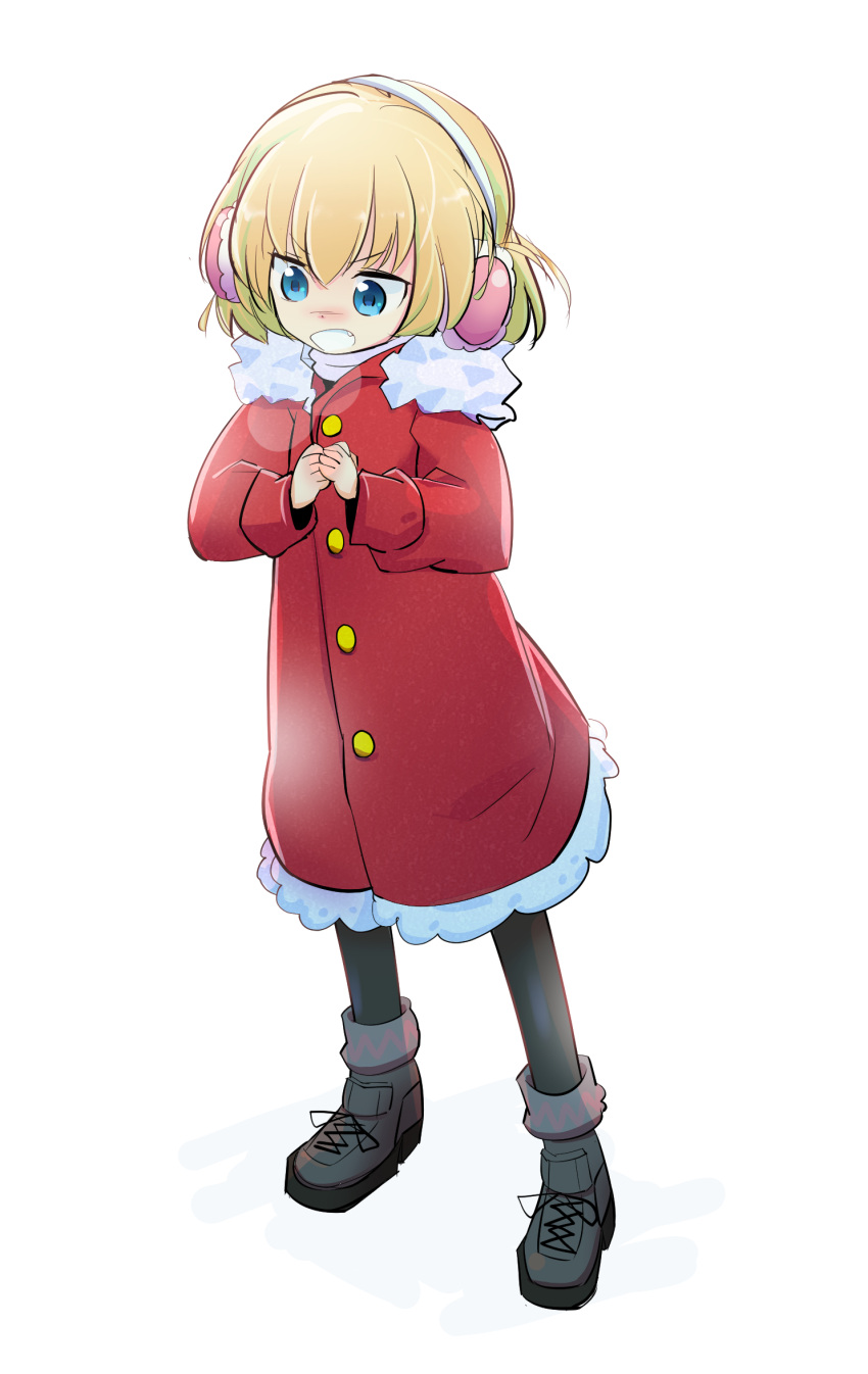1girl ankle_boots bangs black_footwear black_legwear blonde_hair blue_eyes boots breath casual coat commentary cross-laced_footwear earmuffs eyebrows_visible_through_hair fang full_body fur-trimmed_coat fur_trim girls_und_panzer hands_together highres hooded_coat katyusha long_sleeves moro_(like_the_gale!) open_mouth pantyhose red_coat short_hair simple_background smirk solo standing v-shaped_eyebrows white_background
