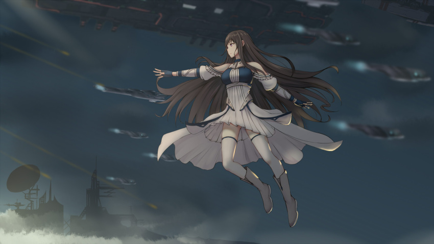 1girl blue_gloves boots brown_eyes brown_hair dress dylannn fingerless_gloves floating_hair full_body gloves grey_footwear highres long_hair original outstretched_arm pleated_dress science_fiction short_dress shoulder_cutout solo thigh-highs very_long_hair white_dress white_legwear