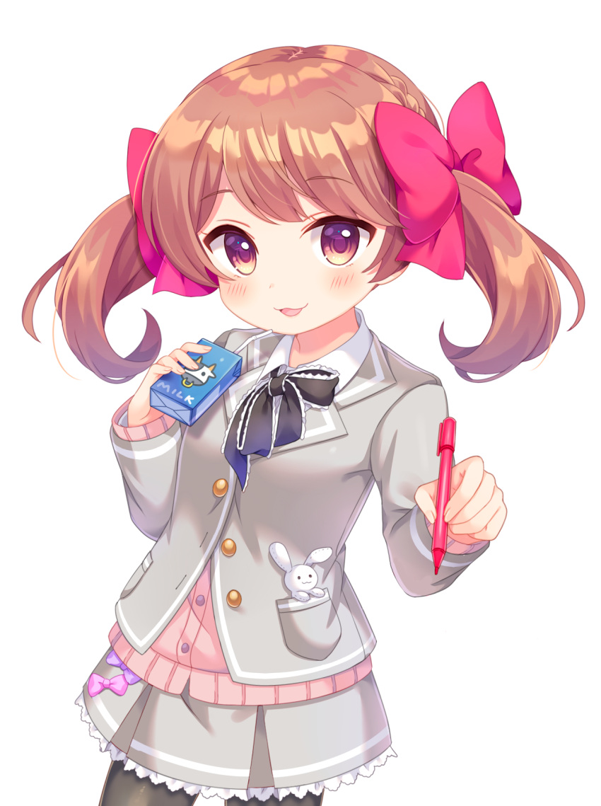 1girl :3 :d bangs black_neckwear blazer blush bow brown_hair cowboy_shot drinking_straw grey_jacket grey_skirt hair_bow highres holding holding_pen jacket komachi_pochi long_sleeves looking_at_viewer milk_carton miniskirt neck_ribbon open_mouth original pen pink_bow pink_cardigan pocket purple_bow red_bow ribbon school_uniform simple_background skirt smile solo stuffed_animal stuffed_bunny stuffed_toy twintails violet_eyes white_background