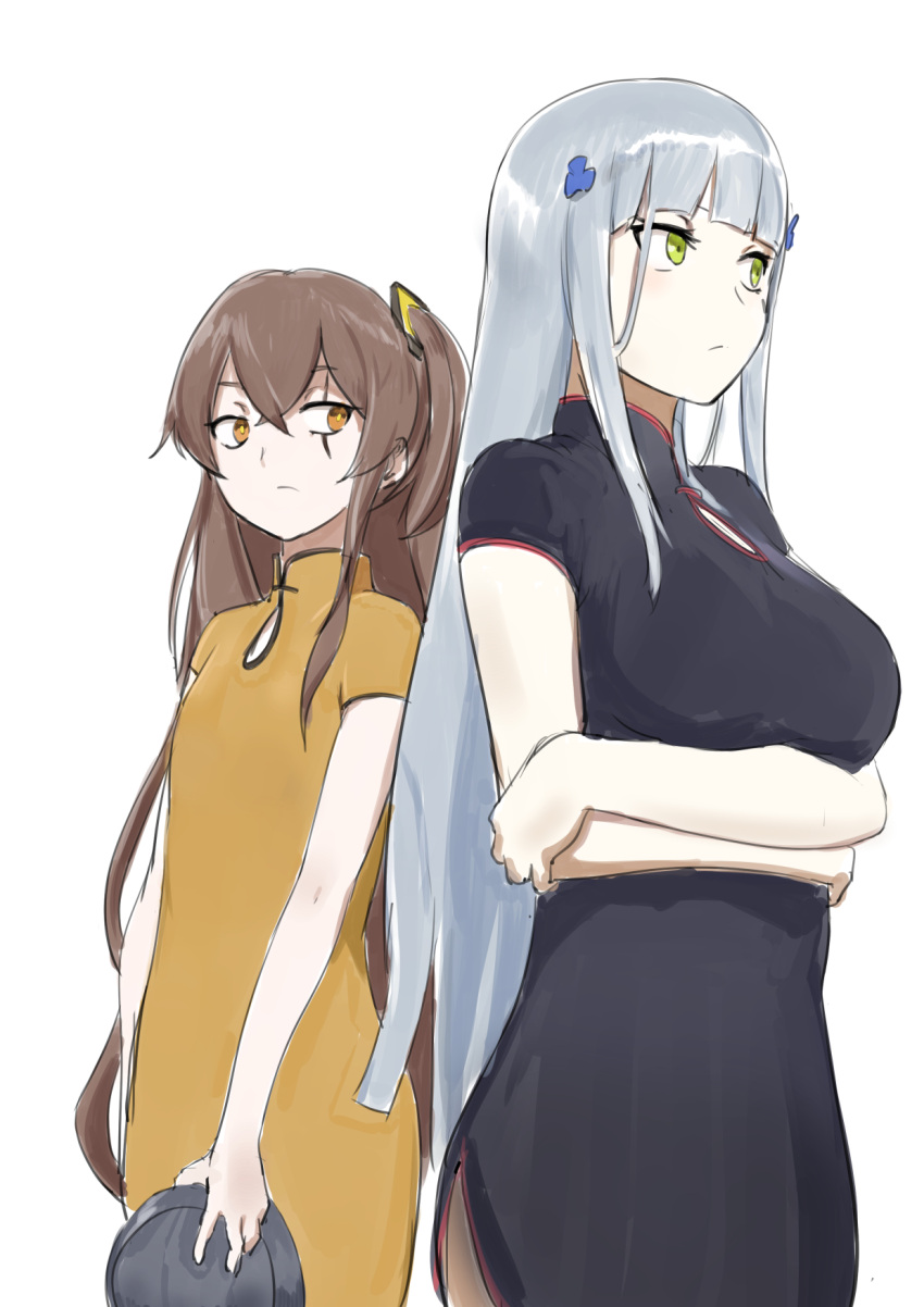 2girls alternate_costume bangs black_dress blunt_bangs breast_hold breasts bright_pupils brown_eyes brown_hair china_dress chinese_clothes closed_mouth cowboy_shot crossed_arms dress eyebrows_visible_through_hair girls_frontline green_eyes hair_ornament highres hk416_(girls_frontline) holding holding_tray long_hair looking_at_viewer looking_away medium_breasts multiple_girls one_side_up orange_dress sanderson short_sleeves silver_hair simple_background single_sidelock straight_hair tray ump45_(girls_frontline) very_long_hair white_background yellow_pupils