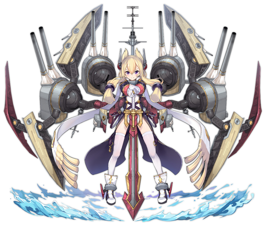 1girl angry azur_lane blonde_hair blush closed_mouth epaulettes full_body gloves hair_between_eyes hair_ears headgear highres holding holding_sword holding_weapon kaede_(003591163) long_sleeves looking_at_viewer official_art open_mouth planted_sword planted_weapon remodel_(azur_lane) scarf sidelocks smile smug sword thigh-highs turret violet_eyes warspite_(azur_lane) weapon white_legwear