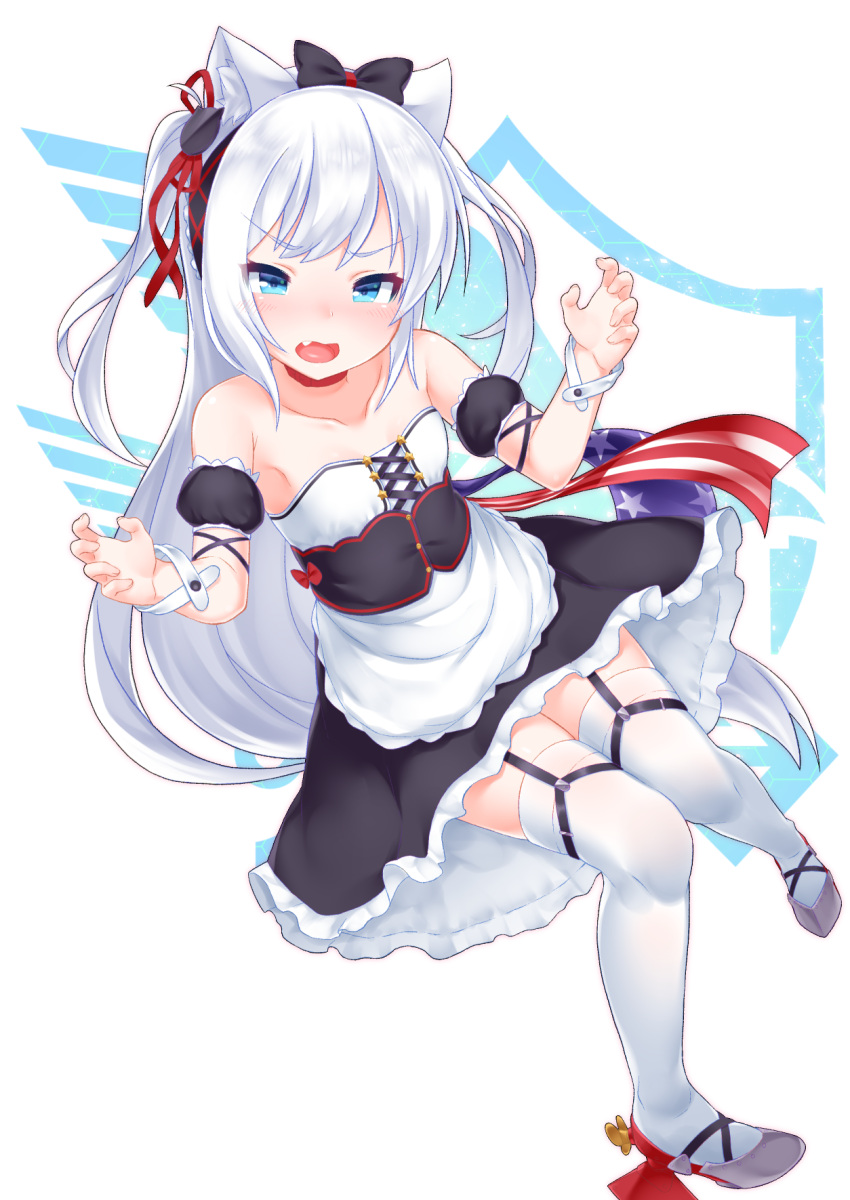 1girl american_flag american_flag_print animal_ears apron azur_lane black_bow black_dress blue_eyes blush bow breasts cat_ears cat_girl cat_hair_ornament choker collarbone commentary_request detached_sleeves dress eyebrows_visible_through_hair fang flag_print floating_hair frilled_apron frilled_dress frills frown full_body garter_straps grey_footwear hair_bow hair_ornament hammann_(azur_lane) highres kirisame_mia long_hair neckerchief one_side_up open_mouth puffy_short_sleeves puffy_sleeves red_choker red_ribbon remodel_(azur_lane) ribbon rudder_footwear short_sleeves silver_hair simple_background small_breasts solo strapless strapless_dress thigh-highs waist_apron white_apron white_background wrist_cuffs