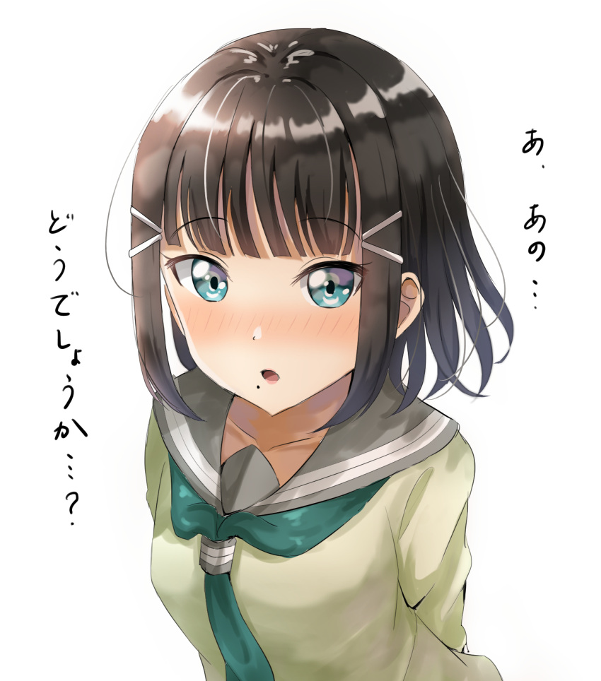 1girl arms_behind_back bangs blue_eyes blush breasts brown_hair collarbone commentary_request eyebrows_visible_through_hair green_neckwear green_shirt grey_sailor_collar hair_ornament hairclip highres kurosawa_dia looking_at_viewer love_live! love_live!_sunshine!! mole mole_under_eye nose_blush parted_lips sailor_collar school_uniform serafuku shirt sidelocks simple_background sin_(sin52y) small_breasts solo translated upper_body white_background