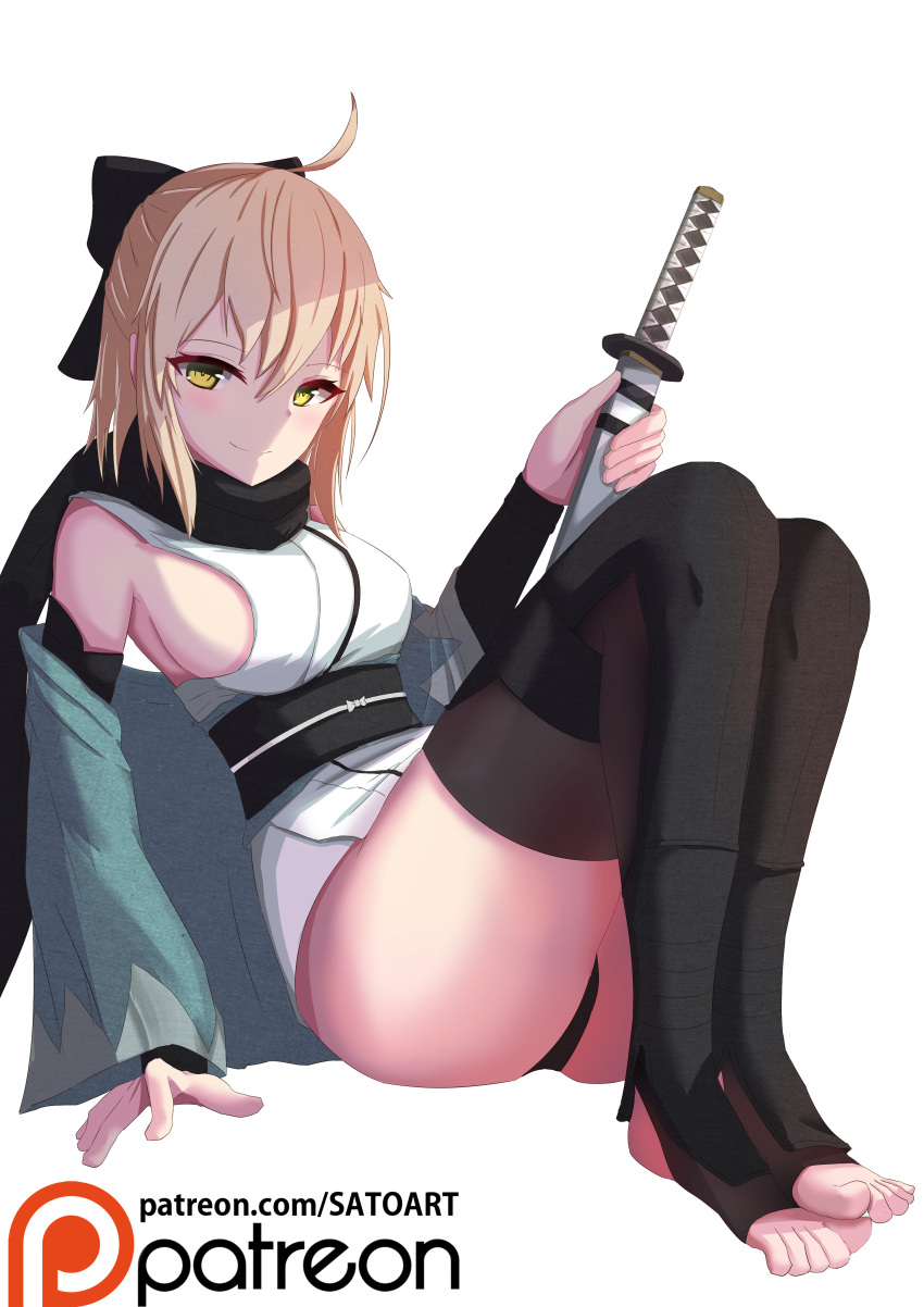 1girl absurdres against_wall ahoge ass black_panties black_ribbon black_scarf blonde_hair blush breasts fate/grand_order fate_(series) feet hair_between_eyes haori highres ichikawayan japanese_clothes katana looking_at_viewer medium_breasts obi okita_souji_(fate) okita_souji_(fate)_(all) panties pixiv_fate/grand_order_contest_2 ribbon sash scarf short_hair sideboob smile solo sword thigh-highs thighs underwear weapon white_background wide_sleeves yellow_eyes