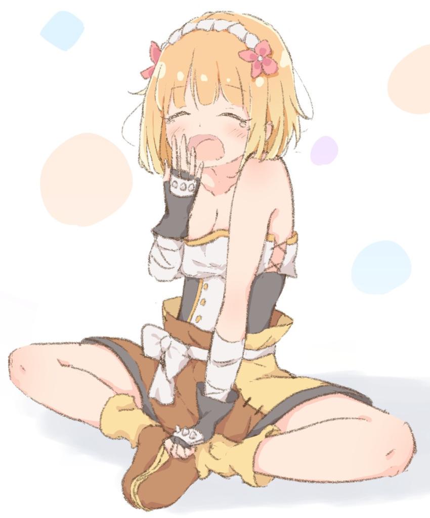 1girl blonde_hair closed_eyes commentary endro! fai_fai fingerless_gloves gloves hairband highres indian_style short_hair shorts simple_background sitting solo strapless yawning yukimura416