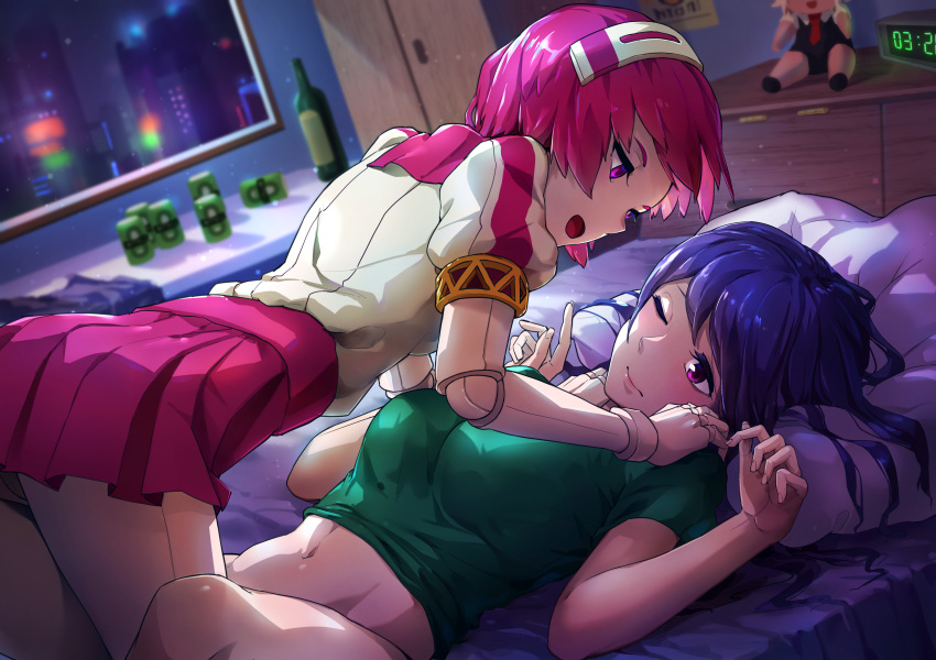 2girls absurdres android arms_up bed beer_can between_thighs blue_hair blurry blush bottle breasts cabinet can city clock depth_of_field digital_clock doll_joints dorothy_(va-11_hall-a) dust_particles eye_contact fingernails green_shirt headband highres huge_filesize julianne_stingray legs lips long_hair looking_at_another lying medium_breasts mr.lime multiple_girls navel on_back on_bed one_eye_closed open_mouth pillow pink_hair pursed_lips robot shirt short_hair short_sleeves skirt small_breasts va-11_hall-a violet_eyes yuri