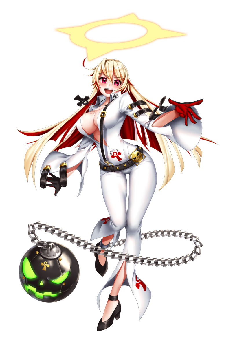 absurdres ahoge ankle_strap ball_and_chain_restraint belt blonde_hair blush breasts buckle contrapposto eyebrows_visible_through_hair full_body gloves gluteal_fold gom-iuneunsoli guilty_gear guilty_gear_xrd halo high_heels highres jack-o'_valentine jewelry large_breasts leg_up long_hair looking_at_viewer multicolored_hair necklace open_clothes open_mouth outstretched_arms pink_eyes plunging_neckline redhead simple_background straitjacket taut_clothes teeth two-tone_hair white_background wide_hips wide_sleeves