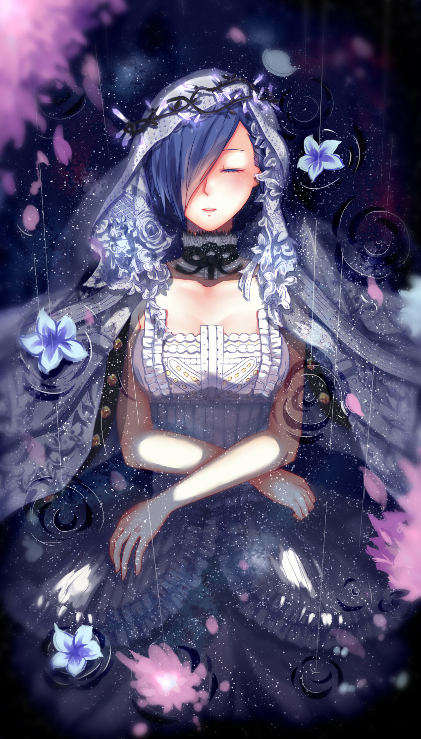 1girl alternate_costume bare_arms bare_shoulders black_neckwear blue_hair blurry breasts closed_eyes collarbone commentary commentary_request detached_collar dress english_commentary flower flower_on_water g4265059 hair_ornament hair_over_one_eye headdress highres kirishima_touka large_breasts long_dress one_eye_covered rain short_hair solo tokyo_ghoul water water_drop white_dress white_headdress white_neckwear