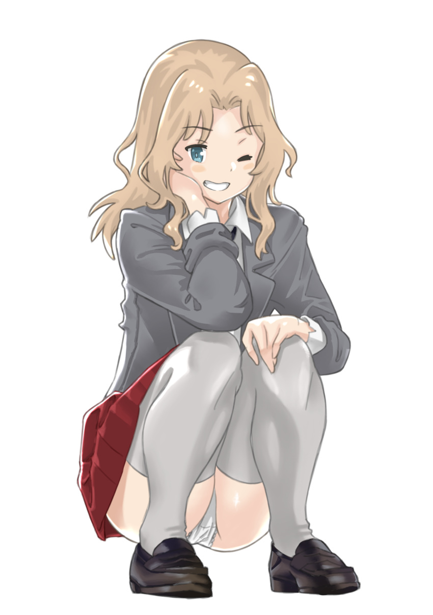 1girl alternate_footwear black_footwear black_neckwear blazer blonde_hair blouse blue_eyes blush_stickers collared_blouse commentary eyebrows_visible_through_hair full_body girls_und_panzer grey_jacket grin hair_intakes hand_in_hair hand_on_own_knee highres jacket kay_(girls_und_panzer) lace lace-trimmed_panties legs loafers long_hair long_sleeves looking_at_viewer miniskirt one_eye_closed open_clothes open_jacket panties pantyshot pantyshot_(squatting) pleated_skirt red_skirt saunders_school_uniform school_uniform shoes simple_background skirt sleeves_rolled_up smile solo squatting thigh-highs underwear white_background white_blouse white_legwear white_panties yamano_rita