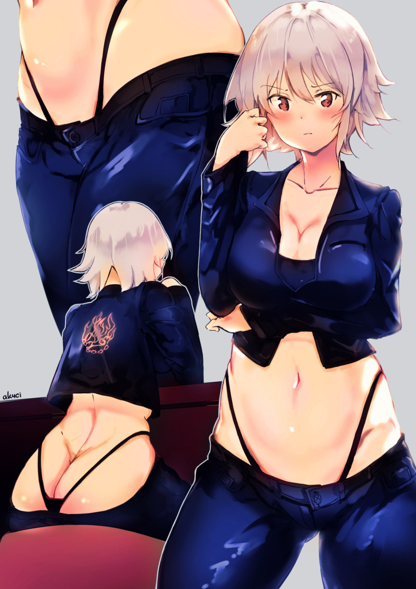 1girl aka--chi arm_under_breasts artist_name blush breasts cleavage denim eyebrows_visible_through_hair fate/grand_order fate_(series) grey_background highres jacket jeanne_d'arc_(alter)_(fate) jeanne_d'arc_(fate)_(all) jeans long_sleeves looking_at_viewer midriff multiple_views navel pants red_eyes short_hair simple_background white_hair