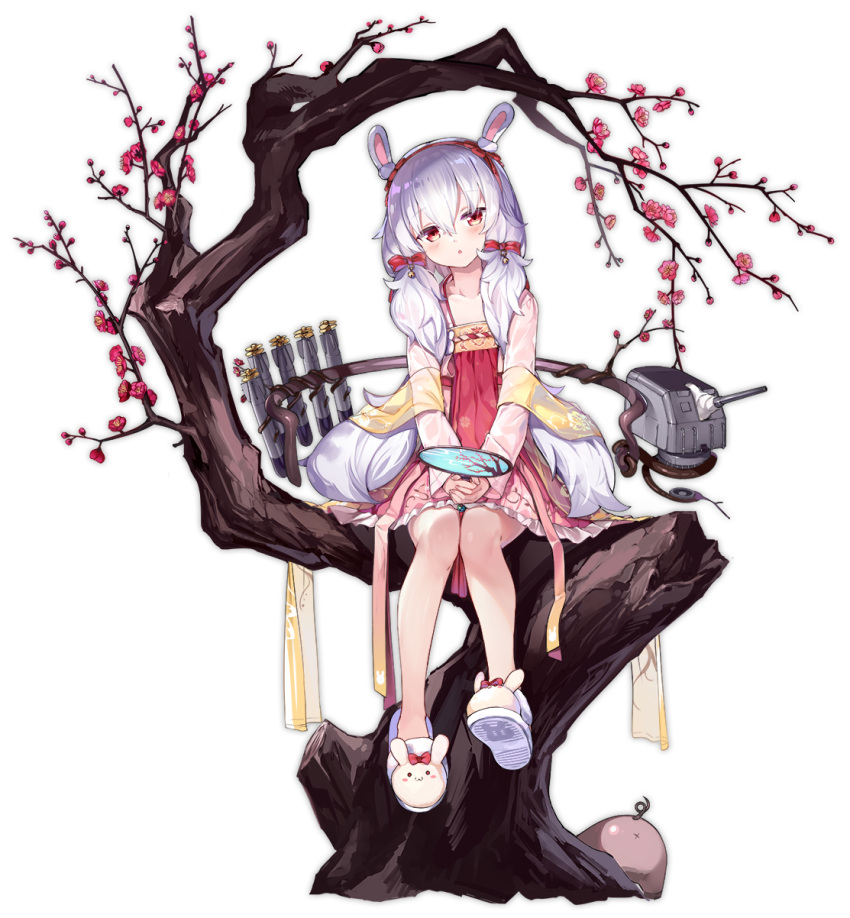 1girl :o animal_ears animal_slippers azur_lane bangs blush bow bunny_slippers cannon dress eyebrows_visible_through_hair fan flower frilled_dress frills hair_between_eyes hair_bow hairband highres holding holding_fan in_tree kaede_(003591163) laffey_(azur_lane) long_hair long_sleeves low_twintails official_art paper_fan parted_lips rabbit_ears red_bow red_dress red_eyes red_flower red_hairband see-through see-through_sleeves silver_hair sitting sitting_in_tree slippers torpedo transparent_background tree turret twintails very_long_hair white_footwear