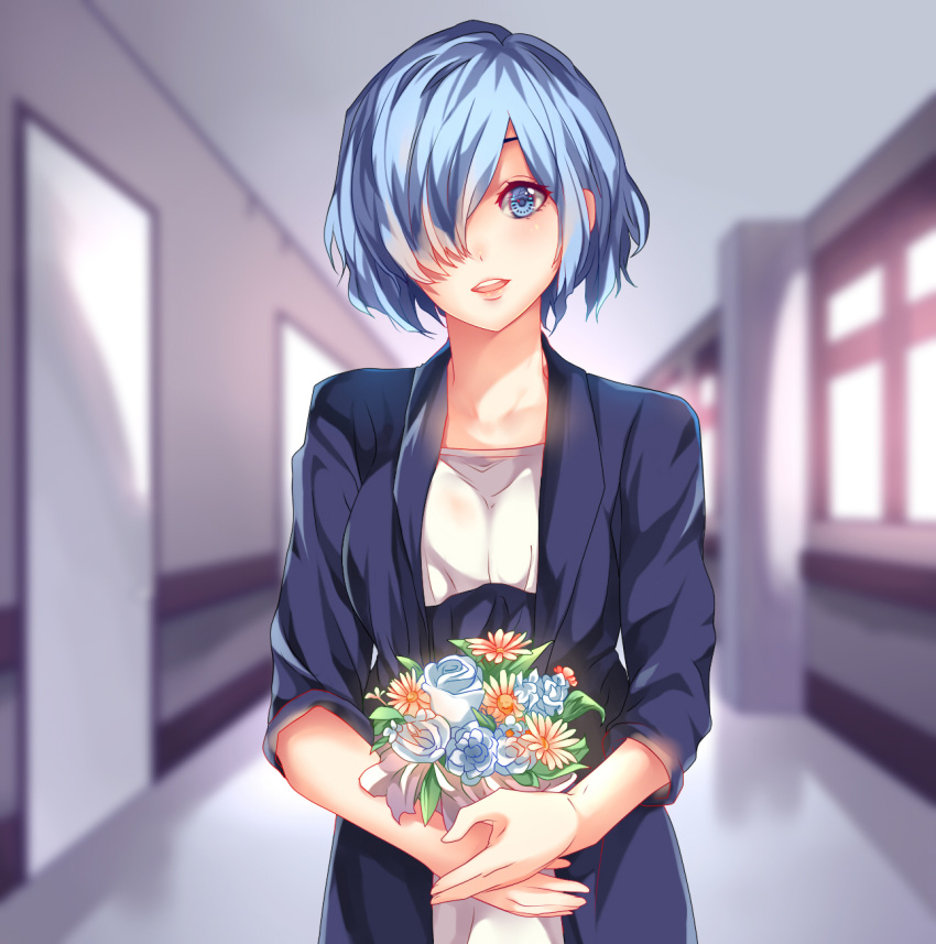 1girl blue_cardigan blue_eyes blue_hair blurry blurry_background breasts cardigan commentary_request day depth_of_field doors flower g4265059 hair_over_one_eye highres holding holding_flower indoors kirishima_touka large_breasts looking_at_viewer parted_lips shirt short_hair smile solo standing tokyo_ghoul tokyo_ghoul:re upper_body upper_teeth white_shirt window