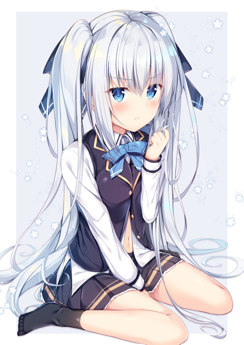 1girl bangs between_legs black_legwear black_ribbon black_skirt black_vest blue_bow blue_eyes blue_neckwear blush bow bowtie buttons closed_mouth collared_shirt commentary_request eyebrows_visible_through_hair frown hair_between_eyes hair_bow hair_ribbon hair_tousle hand_up highres long_hair long_sleeves looking_at_viewer navel no_shoes original partially_unbuttoned pleated_skirt ribbon school_uniform shirt sidelocks silver_hair sitting skirt socks solo tomoo_(tomo) twintails v-shaped_eyebrows very_long_hair vest wariza white_shirt wing_collar