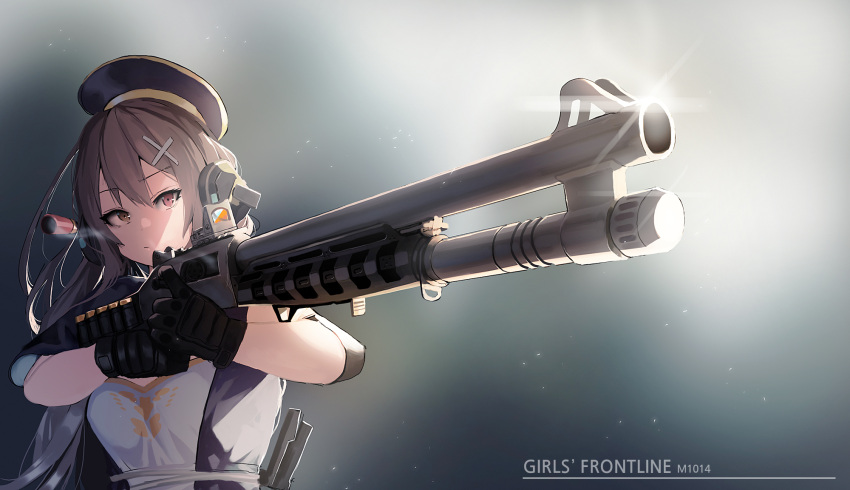 1girl bangs belt benelli_m1014 breasts brown_hair character_name closed_mouth commentary_request girls_frontline glint gloves gun hair_between_eyes hair_ornament hat headphones heterochromia highres holding holding_gun holding_weapon ihobus light_particles long_hair looking_at_viewer m1014_(girls_frontline) red_eyes reflex_sight reloading shotgun shotgun_shells shotgun_speed_loader sidelocks solo standing weapon wide_sleeves x_hair_ornament yellow_eyes