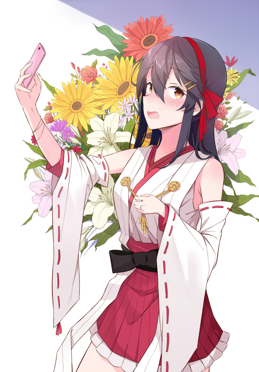 1girl alternate_hair_ornament bare_shoulders black_hair brown_eyes cellphone detached_sleeves embarrassed floral_background flower hair_ornament hairband hairclip haruna_(kantai_collection) highres holding holding_phone ieufg japanese_clothes jewelry kantai_collection long_hair nontraditional_miko open_mouth phone pleated_skirt purple_flower red_flower red_hairband red_skirt ribbon-trimmed_sleeves ribbon_trim ring skirt smartphone solo wedding_band white_flower wide_sleeves yellow_flower