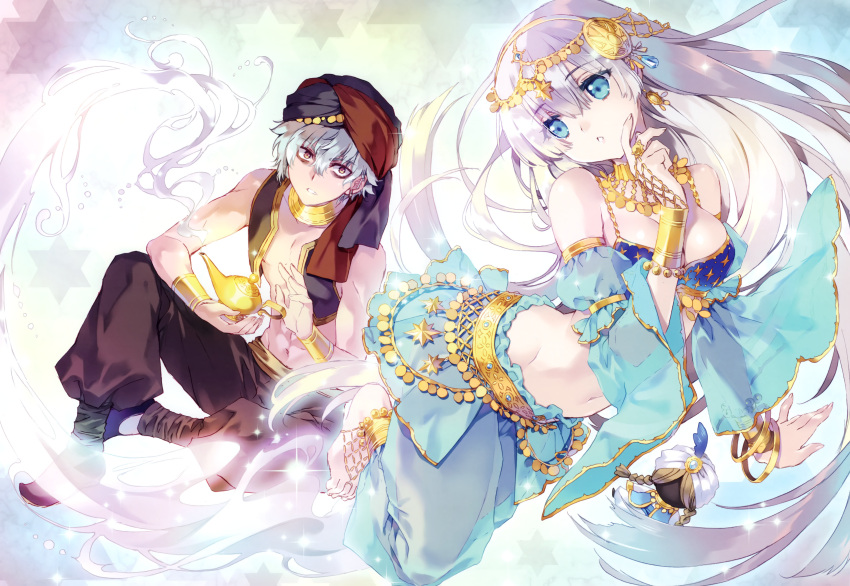 absurdres aladdin_(character) aladdin_(character)_(cosplay) anastasia_(fate/grand_order) arabian_nights barefoot blue_eyes carnelian cosplay doll fate/grand_order fate_(series) genie harem_outfit harem_pants highres huge_filesize jewelry kadoc_zemlupus navel oil_lamp pants silver_hair smoke turban wide_sleeves yellow_eyes