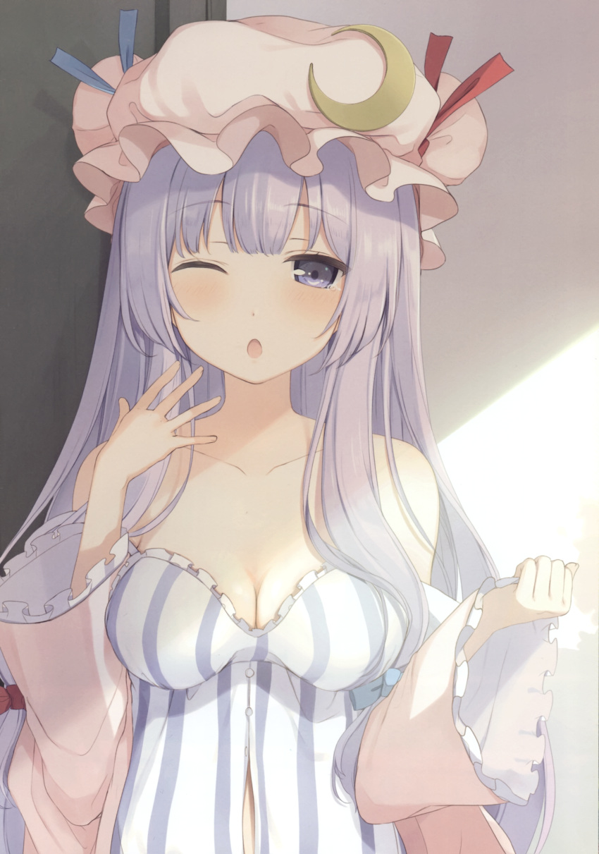 1girl 6u_(eternal_land) ;o absurdres bangs blue_bow blue_ribbon blush bow breasts cleavage collarbone dress eyebrows_visible_through_hair frilled_sleeves frills grey_background hair_bow hand_up hat hat_ribbon highres light_rays long_sleeves looking_at_viewer medium_breasts mob_cap off_shoulder one_eye_closed open_mouth patchouli_knowledge pink_hat pink_robe purple_dress purple_hair red_bow red_ribbon ribbon scan short_hair single_sidelock solo strap_slip striped tears touhou upper_body vertical-striped_dress vertical_stripes very_short_hair violet_eyes wide_sleeves