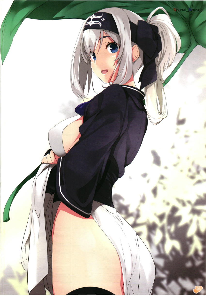 1girl ainu ainu_clothes ass bandanna blue_eyes breasts cropped_jacket dress folded_ponytail gintarou_(kurousagi108) hair_between_eyes headband highres kamoi_(kantai_collection) kantai_collection large_breasts pelvic_curtain sideboob sidelocks sleeveless sleeveless_dress thick_eyebrows thigh-highs white_dress white_hair wrist_guards