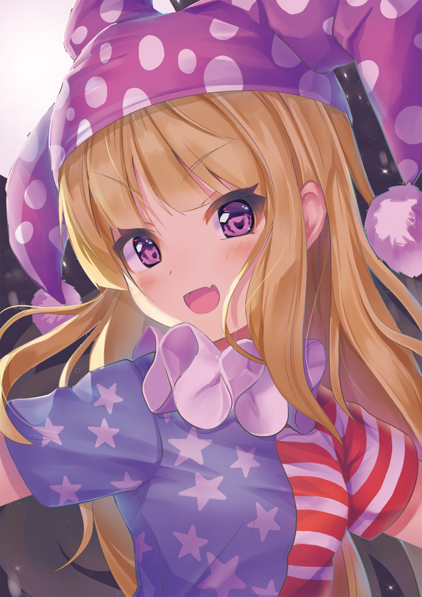 1girl :d american_flag_dress bangs blonde_hair blue_dress blush breasts clownpiece commentary dress eyebrows_visible_through_hair fairy_wings fang full_moon hat head_tilt highres jester_cap long_hair looking_at_viewer moon neck_ruff open_mouth polka_dot polka_dot_hat pom_pom_(clothes) purple_hat red_dress short_sleeves sin_(meltdown3939) small_breasts smile solo space star star_print striped striped_dress touhou upper_body violet_eyes white_dress wings