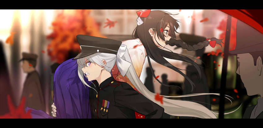 2girls angry bangs black_clothes black_hair black_hat blue_eyes blurry blurry_background bow braid buttons carrying_over_shoulder clenched_teeth glasses gloves grey_hair hair_bow hair_over_shoulder hakama_skirt hat highres higuchi_kaede isshiki_(ffmania7) japanese_clothes kimono leaf long_hair long_ponytail maple_leaf military military_hat military_uniform multiple_girls nijisanji open_mouth red_bow running single_braid symbol_commentary teeth tsukino_mito uniform upper_teeth very_long_hair violet_eyes white_bow white_gloves