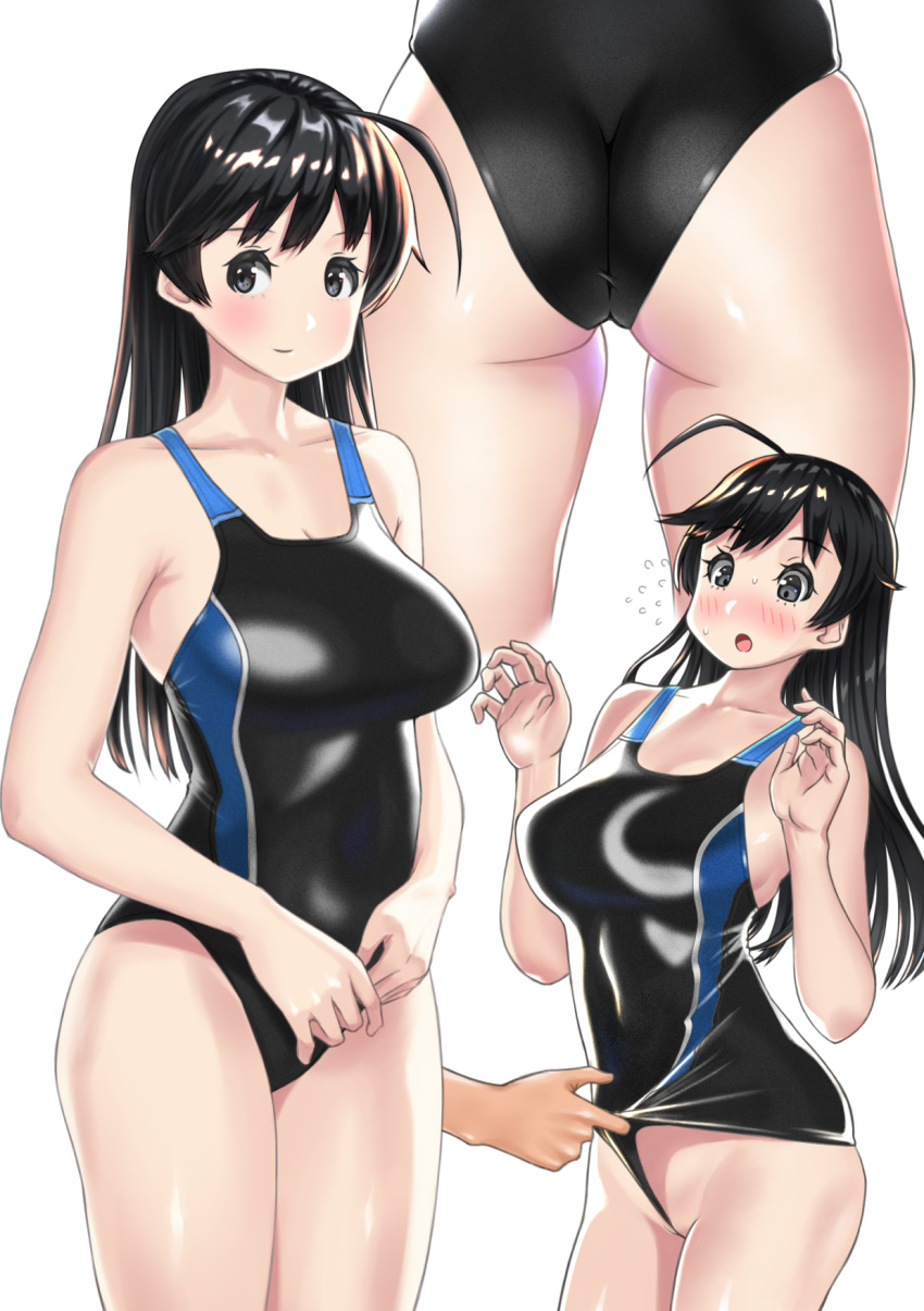 1girl :o ahoge ass bangs black_eyes black_hair black_swimsuit blush breasts cleavage commentary competition_swimsuit covered_navel embarrassed flying_sweatdrops frown girls_und_panzer groin highres isuzu_hana jacket large_breasts leaning_back light_smile long_hair looking_at_viewer looking_down multiple_views one-piece_swimsuit open_clothes open_jacket pulled_by_another skindentation solo standing swimsuit swimsuit_pull thighs w_arms yamano_rita