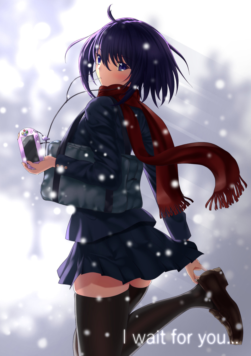 1girl bag black_legwear blue_eyes blue_jacket blue_skirt brown_footwear cowboy_shot earphones hatsusora_sakuta highres holding holding_bag jacket loafers long_sleeves miniskirt original pleated_skirt purple_hair red_scarf scarf school_bag shoes short_hair skirt solo standing thigh-highs zettai_ryouiki