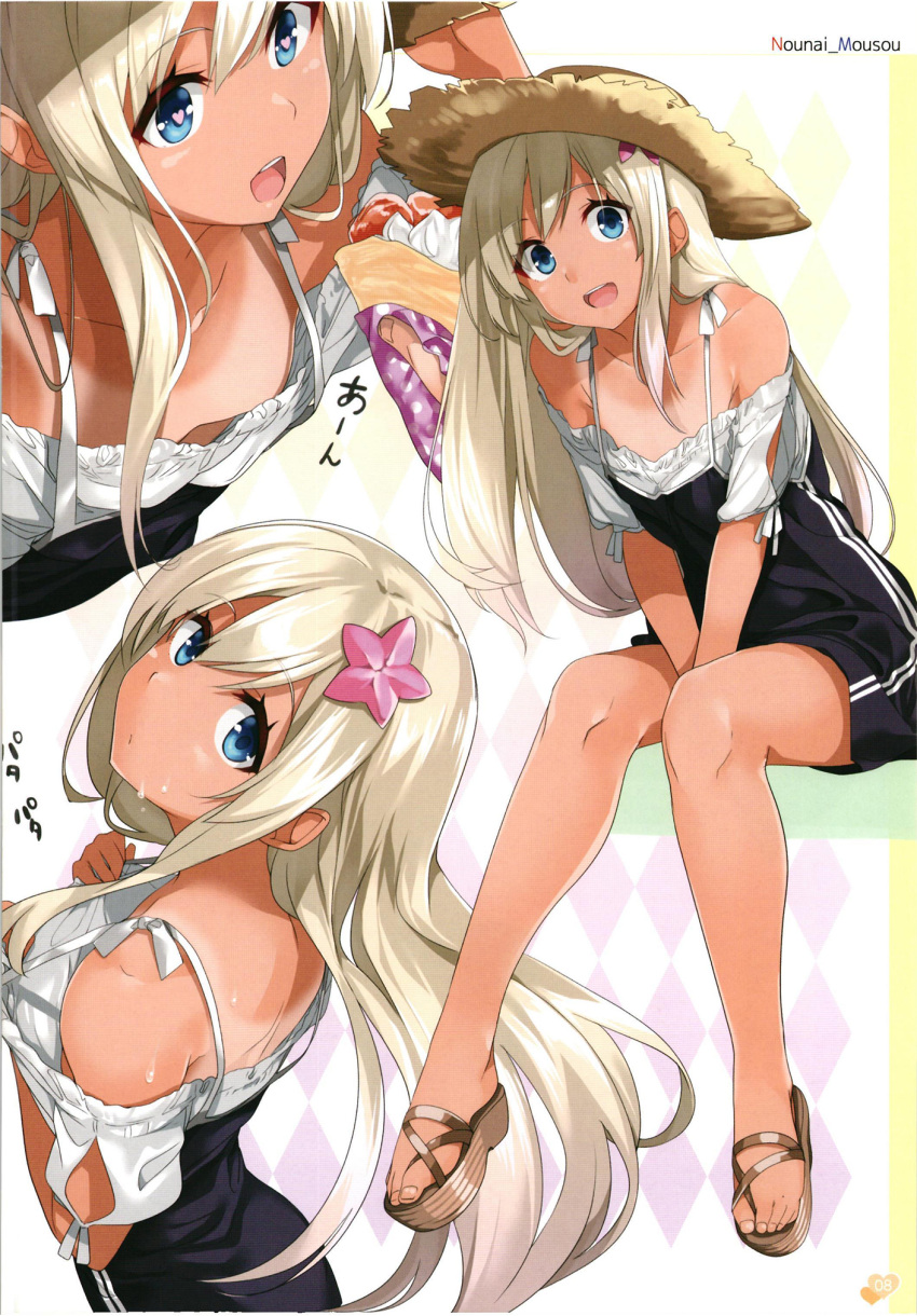1girl :d adapted_costume bare_legs between_legs blue_dress blue_eyes breasts commentary crepe downblouse dress feet food gintarou_(kurousagi108) hat heart heart-shaped_pupils highres kantai_collection leaning_forward long_hair looking_at_viewer multiple_views one-piece_tan open_mouth ro-500_(kantai_collection) scan scan_artifacts small_breasts smile starfish starfish_hair_ornament sun_hat sweat swimsuit symbol-shaped_pupils tan tanline toes twitter_username v_arms white_hair