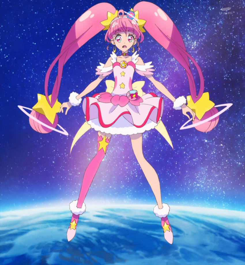 1girl boots cure_star earth highres hoshina_hikaru pink_eyes pink_hair precure screencap space star_twinkle_precure stitched thigh-highs thigh_boots third-party_edit twintails
