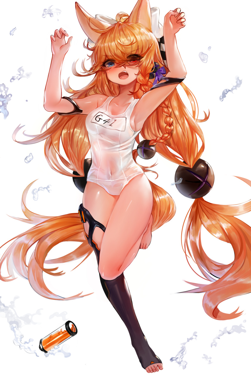 1girl absurdres animal_ears armpits arms_up bangs bare_shoulders barefoot black_legwear blonde_hair blue_eyes blush bow braid breasts collarbone dokomon eyebrows_visible_through_hair fang full_body g41_(girls_frontline) girls_frontline hair_between_eyes hair_bow hair_ornament heterochromia highres long_hair looking_at_viewer medium_breasts name_tag one-piece_swimsuit open_mouth purple_ribbon red_eyes ribbon school_swimsuit see-through simple_background single_braid single_thighhigh solo swimsuit thigh-highs toeless_legwear twintails very_long_hair white_background white_bow white_school_swimsuit white_swimsuit