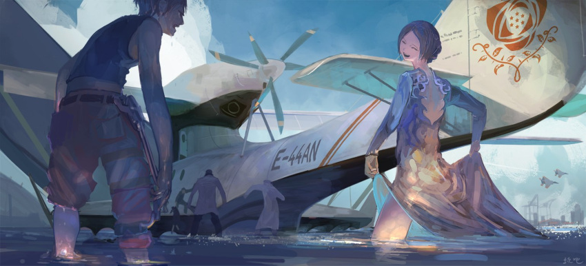 1boy 1girl ace_combat_7 aircraft airplane character_request closed_eyes flying_boat ocean propeller seaplane spirit_chiasma wading water